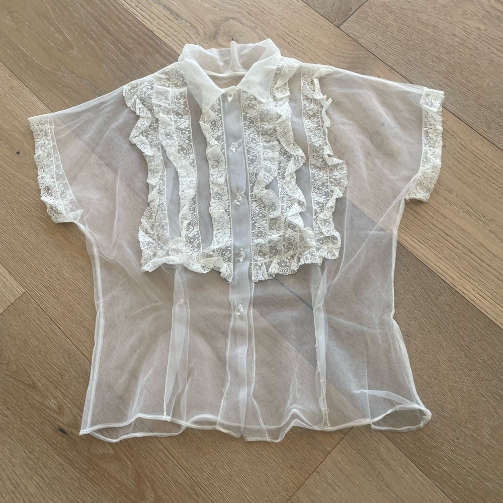 Antique Sheer Tulle and Lace Ruffle Button-Up Blouse - Ivory